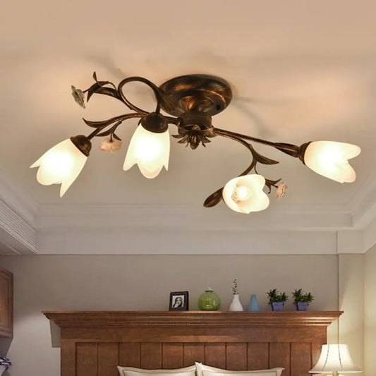 DecorBites™ DecorBites™ American Garden Flowers Ceilng Light - Cream Glass Semi Flush Mount Lighting in Bronze - 4/6/8 Heads