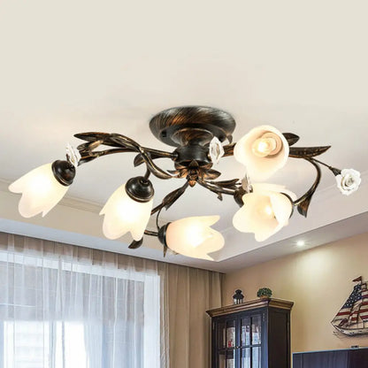 DecorBites™ DecorBites™ American Garden Flowers Ceilng Light - Cream Glass Semi Flush Mount Lighting in Bronze - 4/6/8 Heads