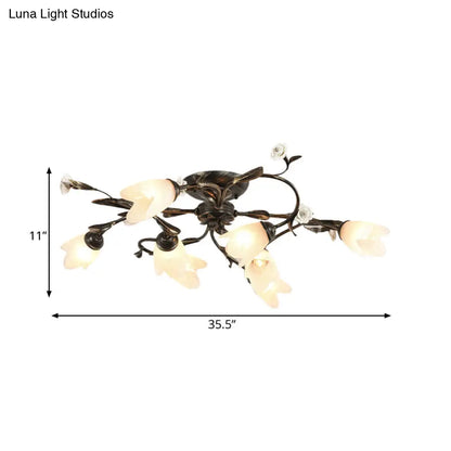 DecorBites™ DecorBites™ American Garden Flowers Ceilng Light - Cream Glass Semi Flush Mount Lighting in Bronze - 4/6/8 Heads