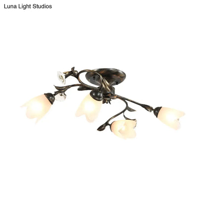 DecorBites™ DecorBites™ American Garden Flowers Ceilng Light - Cream Glass Semi Flush Mount Lighting in Bronze - 4/6/8 Heads