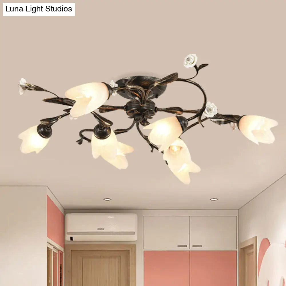DecorBites™ DecorBites™ American Garden Flowers Ceilng Light - Cream Glass Semi Flush Mount Lighting in Bronze - 4/6/8 Heads