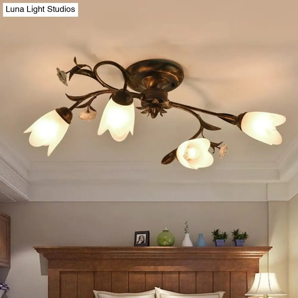 DecorBites™ DecorBites™ American Garden Flowers Ceilng Light - Cream Glass Semi Flush Mount Lighting in Bronze - 4/6/8 Heads