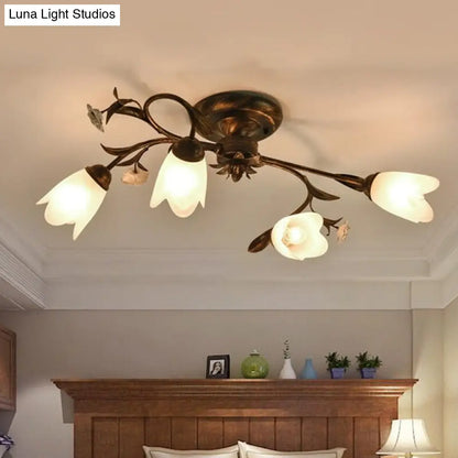 DecorBites™ DecorBites™ American Garden Flowers Ceilng Light - Cream Glass Semi Flush Mount Lighting in Bronze - 4/6/8 Heads