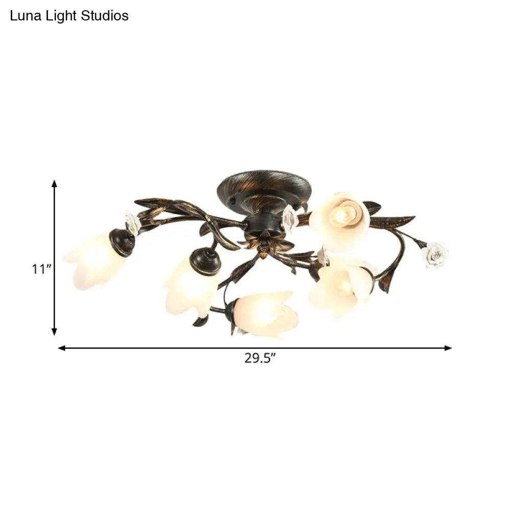 DecorBites™ DecorBites™ American Garden Flowers Ceilng Light - Cream Glass Semi Flush Mount Lighting in Bronze - 4/6/8 Heads