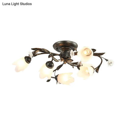 DecorBites™ DecorBites™ American Garden Flowers Ceilng Light - Cream Glass Semi Flush Mount Lighting in Bronze - 4/6/8 Heads