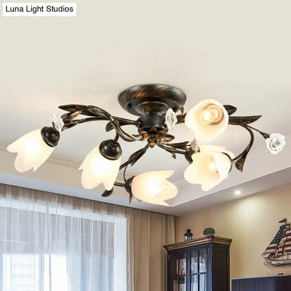 DecorBites™ DecorBites™ American Garden Flowers Ceilng Light - Cream Glass Semi Flush Mount Lighting in Bronze - 4/6/8 Heads