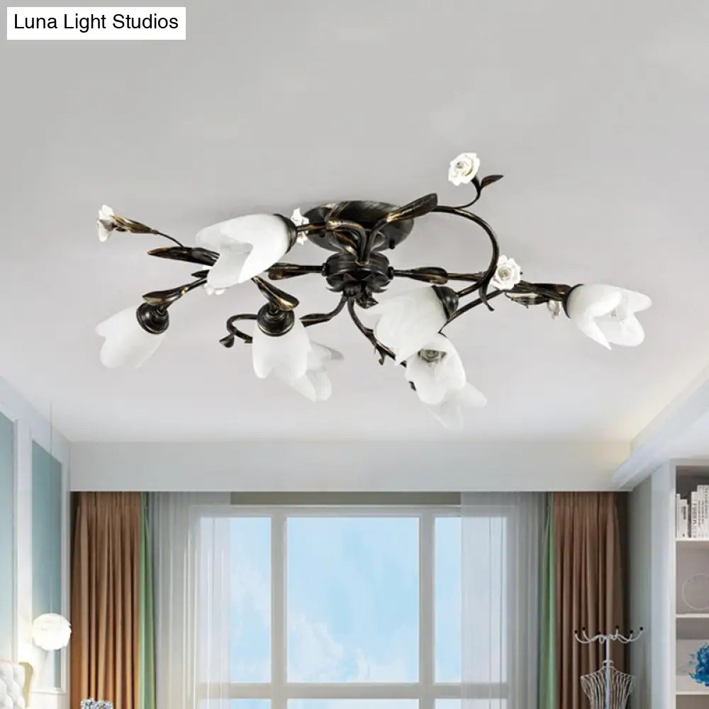 DecorBites™ DecorBites™ American Garden Flowers Ceilng Light - Cream Glass Semi Flush Mount Lighting in Bronze - 4/6/8 Heads