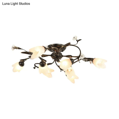 DecorBites™ DecorBites™ American Garden Flowers Ceilng Light - Cream Glass Semi Flush Mount Lighting in Bronze - 4/6/8 Heads
