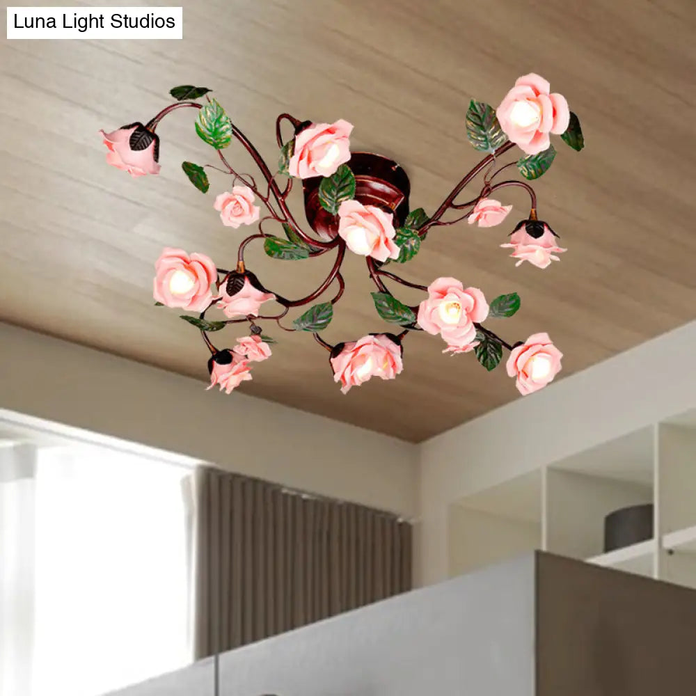 DecorBites™ DecorBites™ American Garden Metal Semi Flush Mount with 12 LED Lights in Dark Brown for Rose Bedroom Ceiling