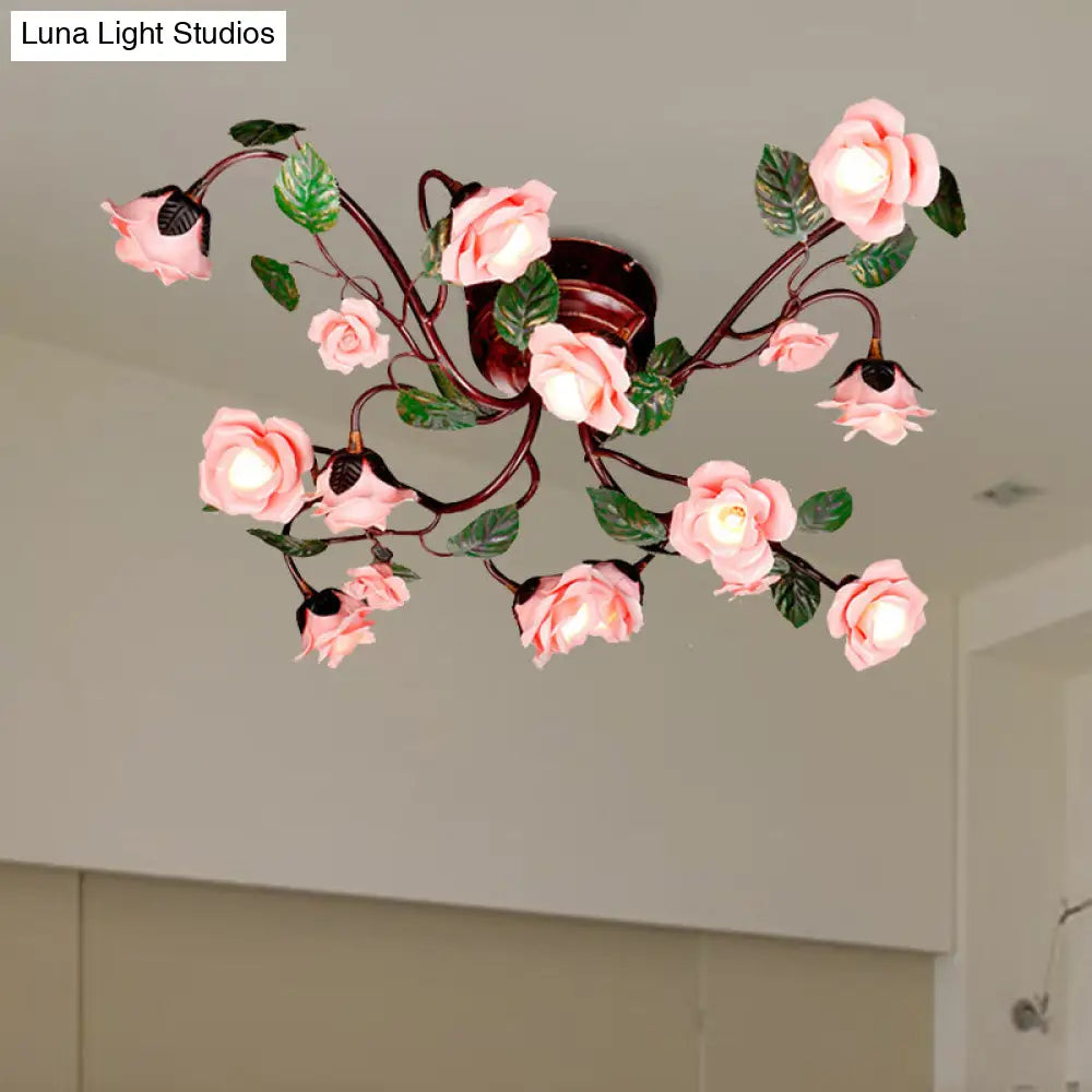 DecorBites™ DecorBites™ American Garden Metal Semi Flush Mount with 12 LED Lights in Dark Brown for Rose Bedroom Ceiling
