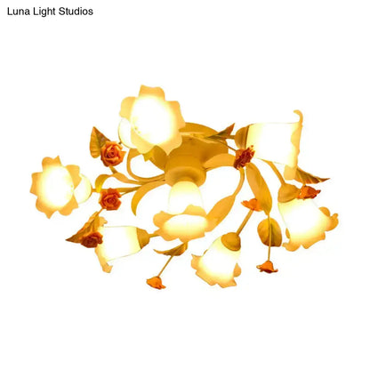 DecorBites™ DecorBites™ American Garden Swirl Living Room Semi Flush Light - Metal 4/7-Head White Lamp with Frosted Glass Shade