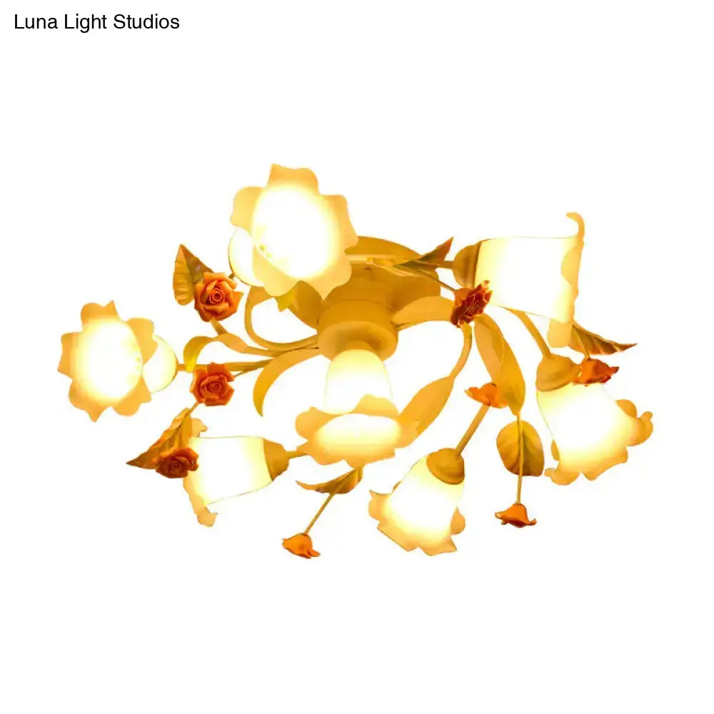 DecorBites™ DecorBites™ American Garden Swirl Living Room Semi Flush Light - Metal 4/7-Head White Lamp with Frosted Glass Shade