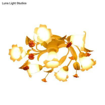 DecorBites™ DecorBites™ American Garden Swirl Living Room Semi Flush Light - Metal 4/7-Head White Lamp with Frosted Glass Shade