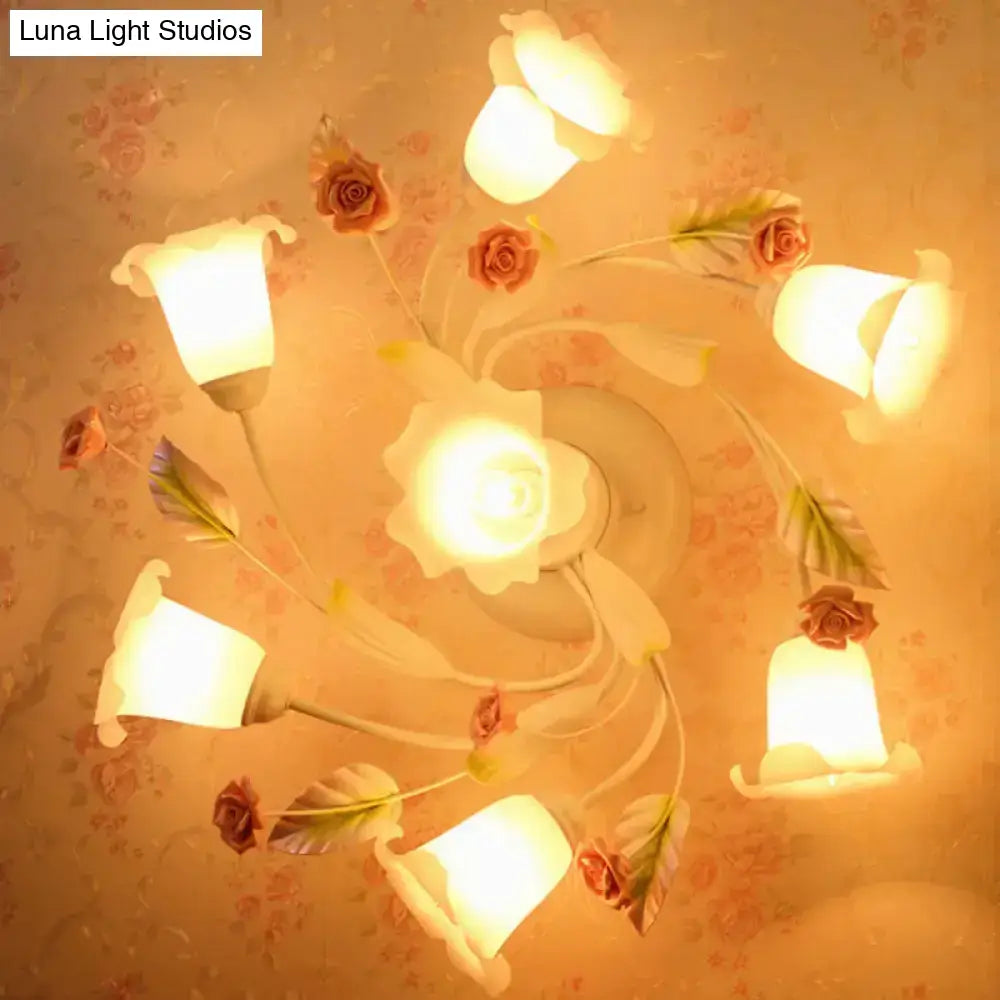 DecorBites™ DecorBites™ American Garden Swirl Living Room Semi Flush Light - Metal 4/7-Head White Lamp with Frosted Glass Shade