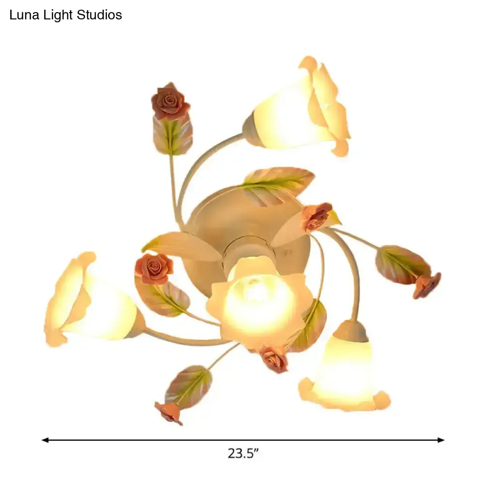DecorBites™ DecorBites™ American Garden Swirl Living Room Semi Flush Light - Metal 4/7-Head White Lamp with Frosted Glass Shade