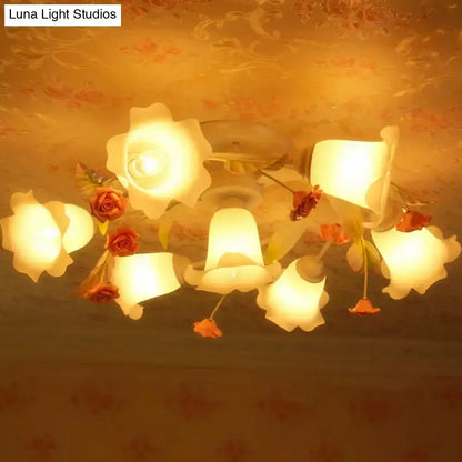 DecorBites™ DecorBites™ American Garden Swirl Living Room Semi Flush Light - Metal 4/7-Head White Lamp with Frosted Glass Shade