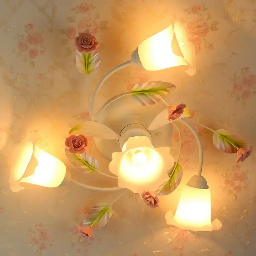 DecorBites™ DecorBites™ American Garden Swirl Living Room Semi Flush Light - Metal 4/7-Head White Lamp with Frosted Glass Shade