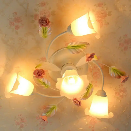 DecorBites™ DecorBites™ American Garden Swirl Living Room Semi Flush Light - Metal 4/7-Head White Lamp with Frosted Glass Shade