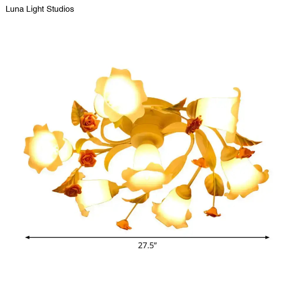 DecorBites™ DecorBites™ American Garden Swirl Living Room Semi Flush Light - Metal 4/7-Head White Lamp with Frosted Glass Shade