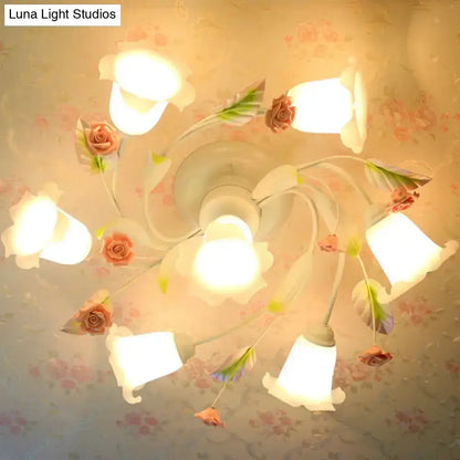 DecorBites™ DecorBites™ American Garden Swirl Living Room Semi Flush Light - Metal 4/7-Head White Lamp with Frosted Glass Shade