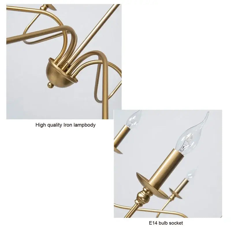 Brass-finished american iron chandelier light with elegant curved arms and candle-style e14 bulbs for living room decorbites american iron