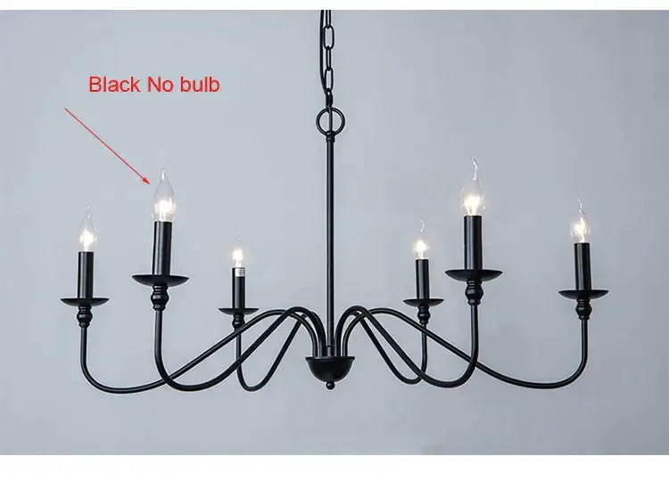 Black wrought iron chandelier light with six candle style arms for living room decorbites american iron design