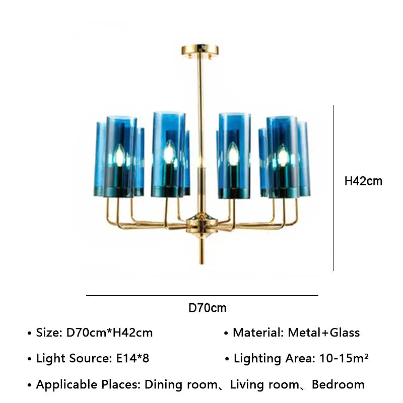 Blue glass cylinder lustre glass chandelier with gold metal frame from decorbites american lustre for dining room