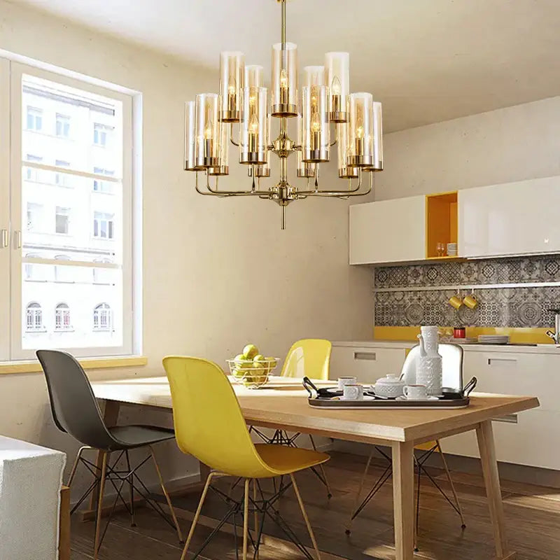 Brass american lustre glass chandelier with clear cylinders and warm bulbs for gold dining room pendant light decorbites american lustre