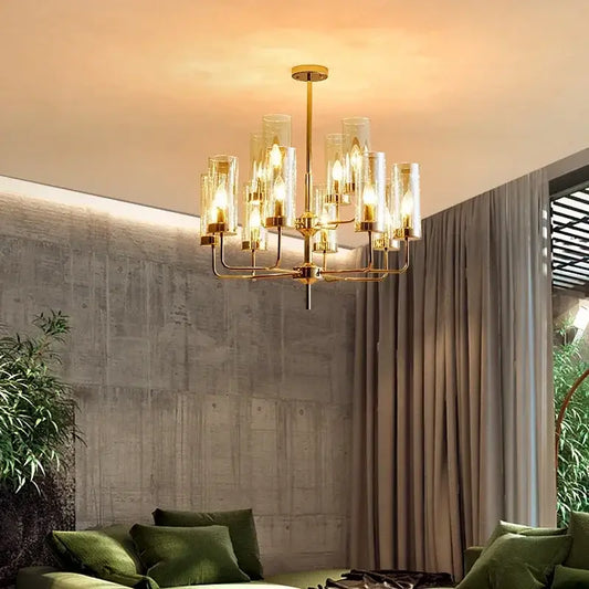 Gold-toned decorbites american lustre glass chandelier with clear glass cylinders and exposed bulbs for dining room decor