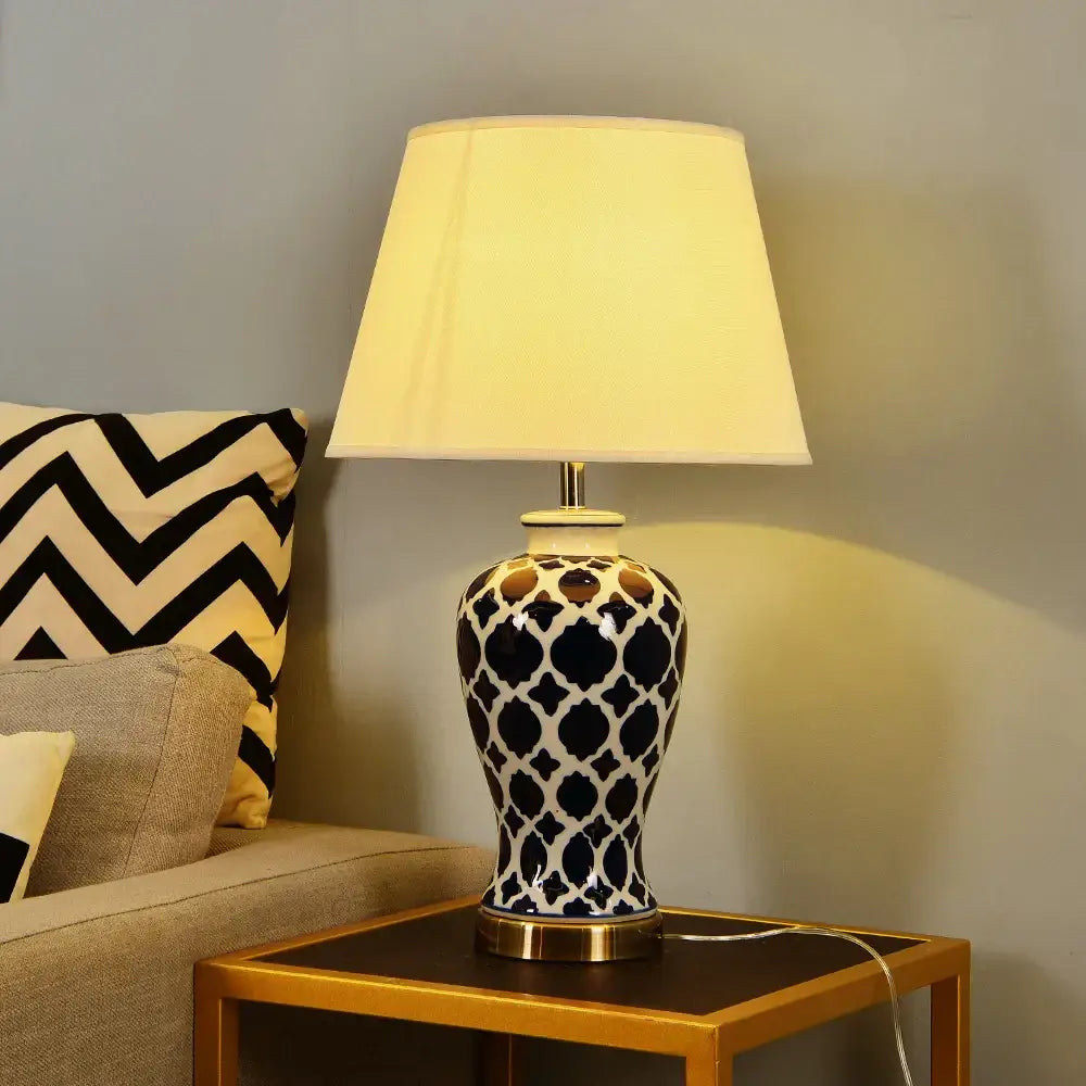 Black and white patterned decorbites blue ceramic table lamp with cream fabric shade for bedroom led lighting decor