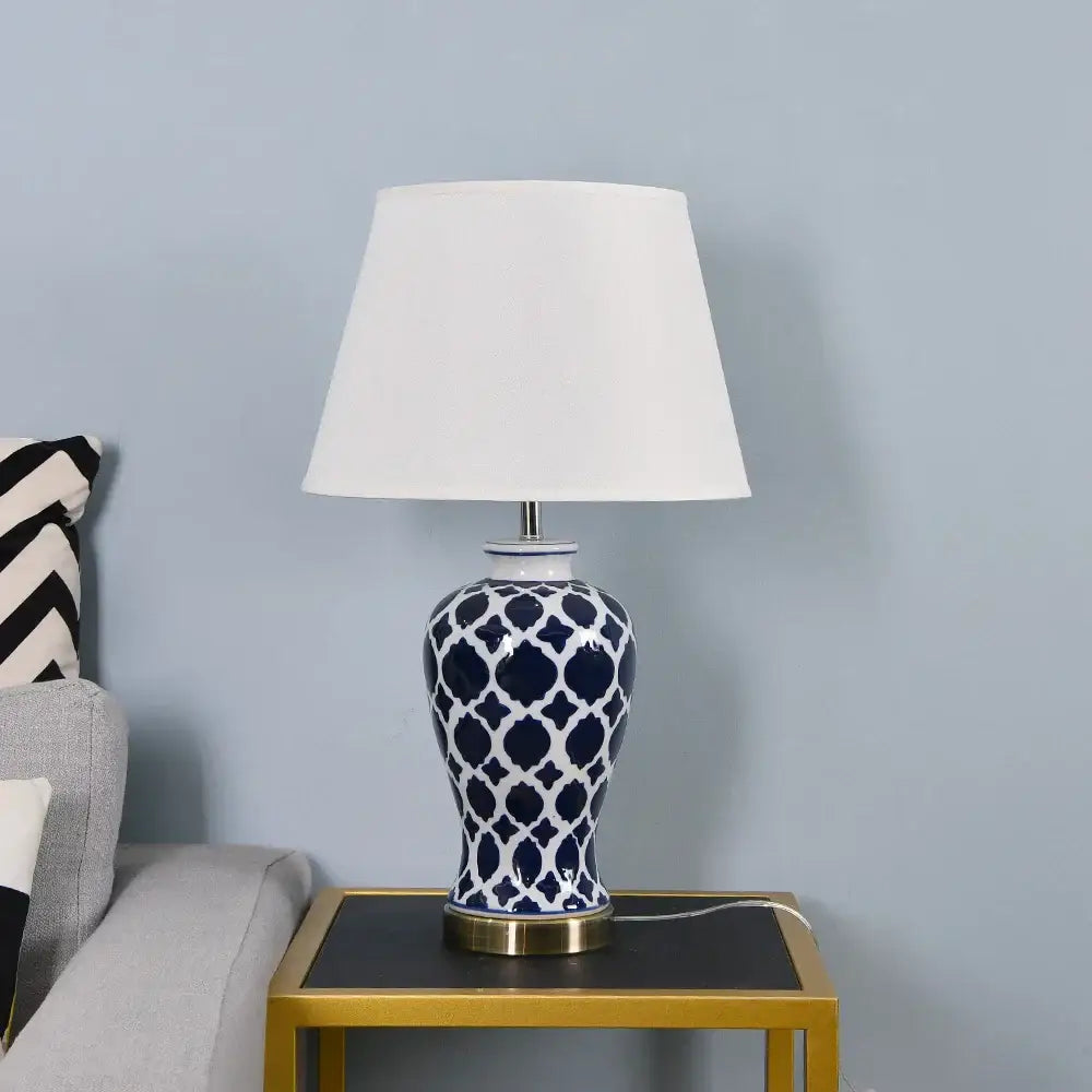 American retro blue ceramic table lamp with white patterns and gold base for bedroom led lighting decorbites blue ceramic