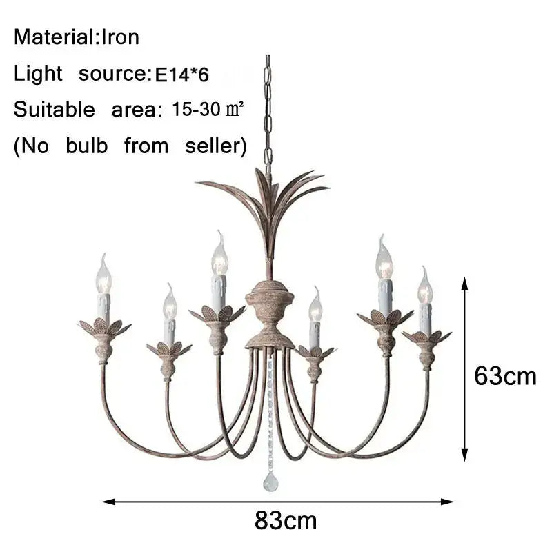 Antique bronze american retro chandelier by decorbites with six candle-like bulbs and decorative leaf motifs for dining room