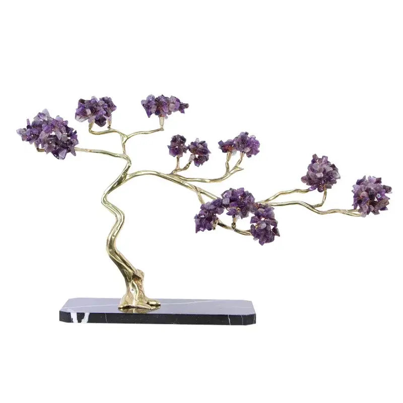Amethyst and brass decorative sculpture living room crystal tree with golden metal branches and purple amethyst crystals on black base