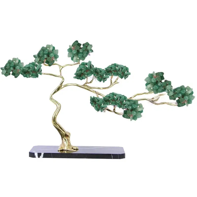 Amethyst and brass decorative sculpture featuring a bonsai tree with golden metal branches and jade foliage on marble base