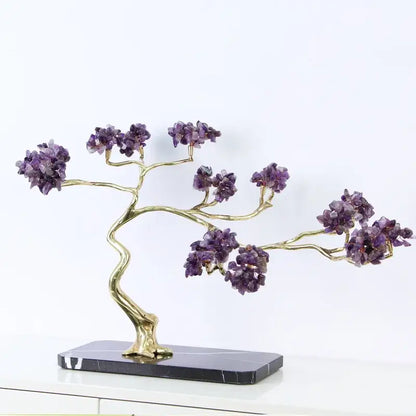 Amethyst and brass decorative sculpture tree with golden branches and purple crystals on black marble base decorbites crystal