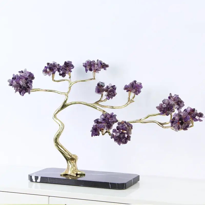 Amethyst and brass decorative sculpture tree with golden branches and purple crystals on black marble base decorbites crystal