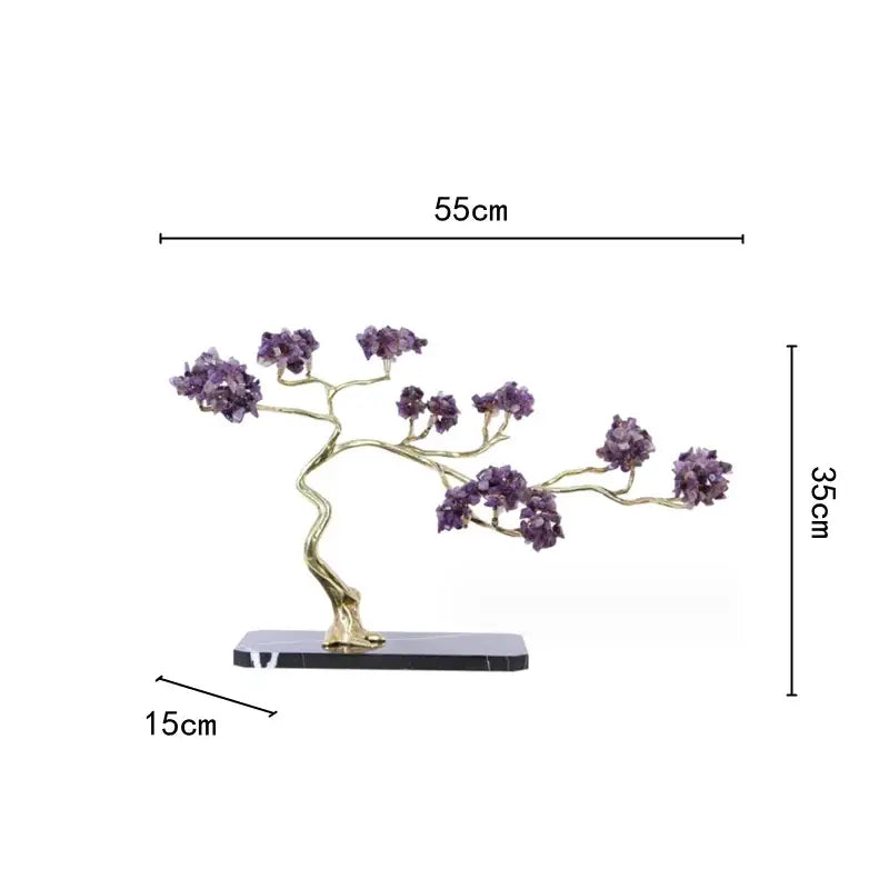 Amethyst and brass decorative sculpture featuring a purple crystal bonsai tree on a black marble base by decorbites crystal