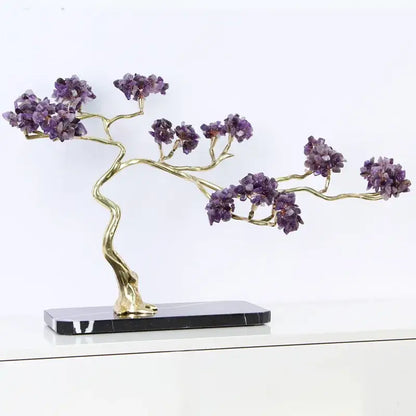 Amethyst and gold metal decorative figurine featuring brass branches with purple crystals on black marble base for decor