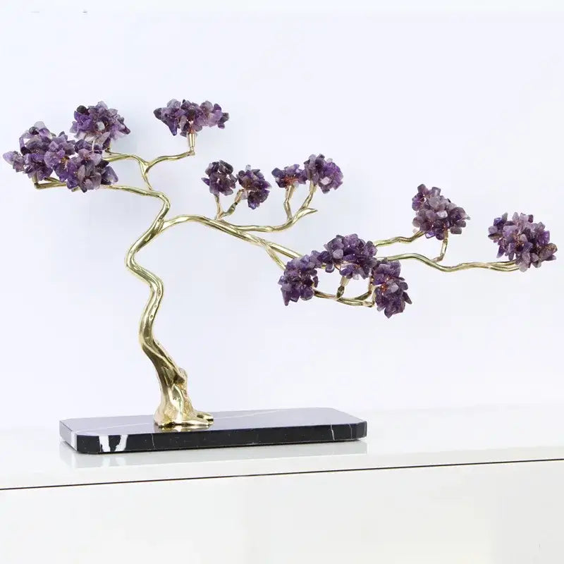 Amethyst and gold metal decorative figurine featuring brass branches with purple crystals on black marble base for decor