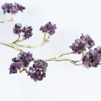 Amethyst and gold metal decorative figurine featuring faceted purple stones on a brass metal decorative branch design