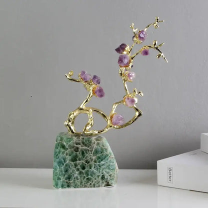Delicate gold-toned amethyst brass tree ornament with faceted stones on green aventurine base for living room decor