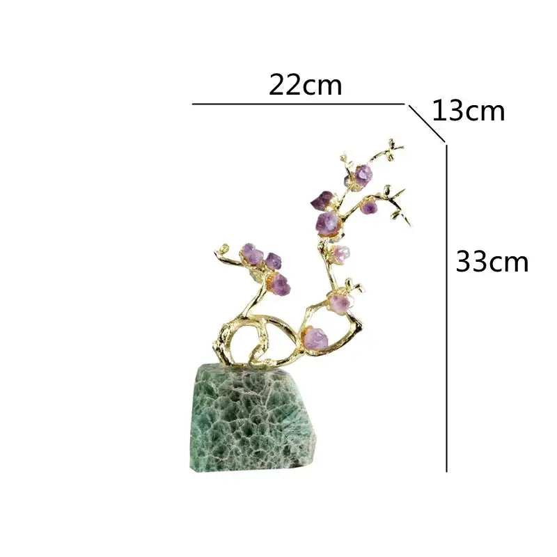 Elegant amethyst brass tree ornament featuring a gold-toned orchid branch with purple gemstones on moss agate base