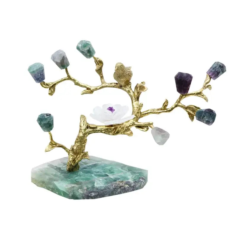 Golden brass tree ornament with colorful fluorite stones and white flower on green aventurine base for living room decor