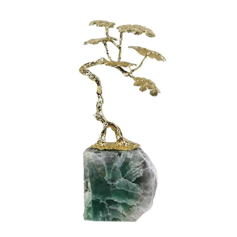 Golden metallic brass tree ornament bonsai sculpture on a translucent green and white fluorite stone base for living room