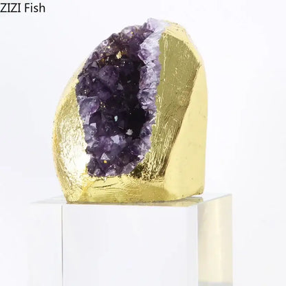 Golden-coated amethyst crystal base geode with vibrant purple interior perfect as a bedroom desk ornament set of 3