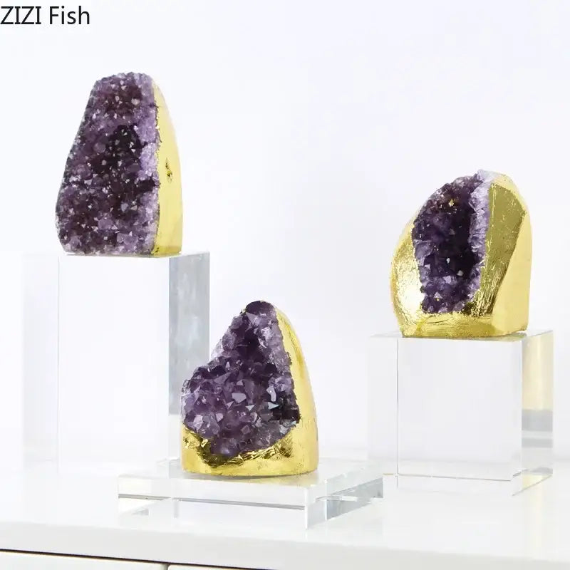 Purple amethyst crystal base geode set of 3 with gold leaf accents on clear stands as a stylish bedroom desk ornament