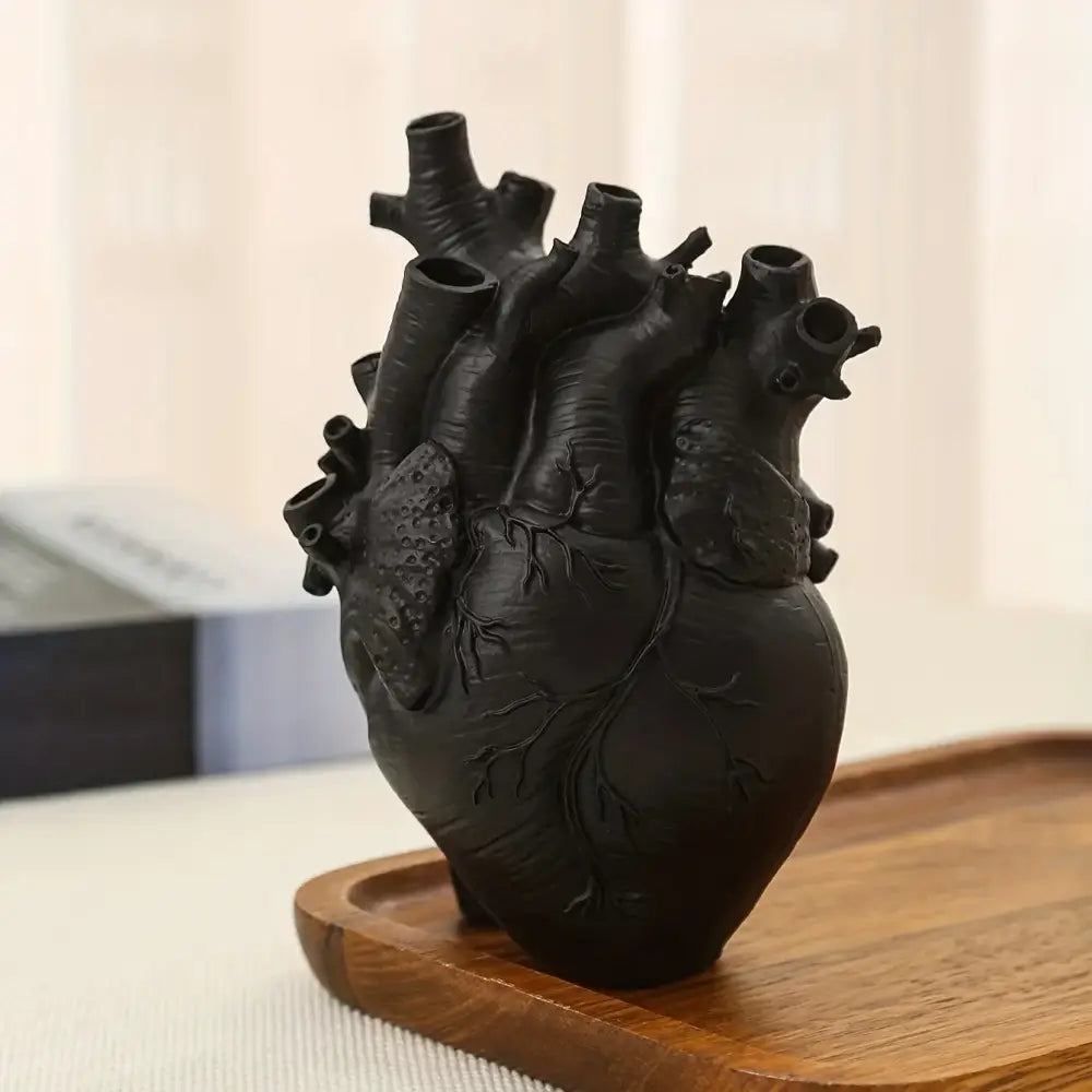 Black ceramic anatomical heart vase with detailed vein and artery carvings decorbites™ resin glam decor