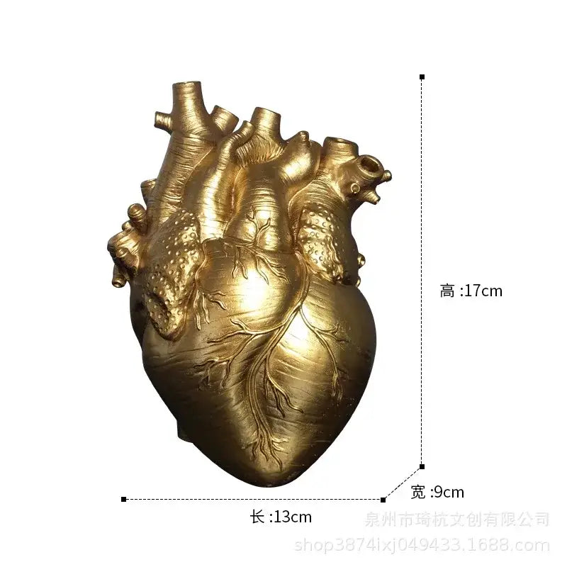 Golden anatomically detailed heart shape resin vase for living room decorbites heart shape decoration