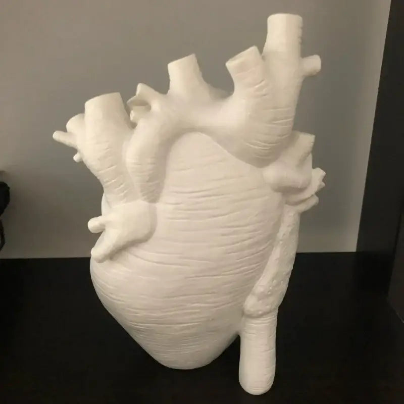 Anatomical white ceramic heart shape vase with detailed vascular texture for living room decor and decorbites heart shape