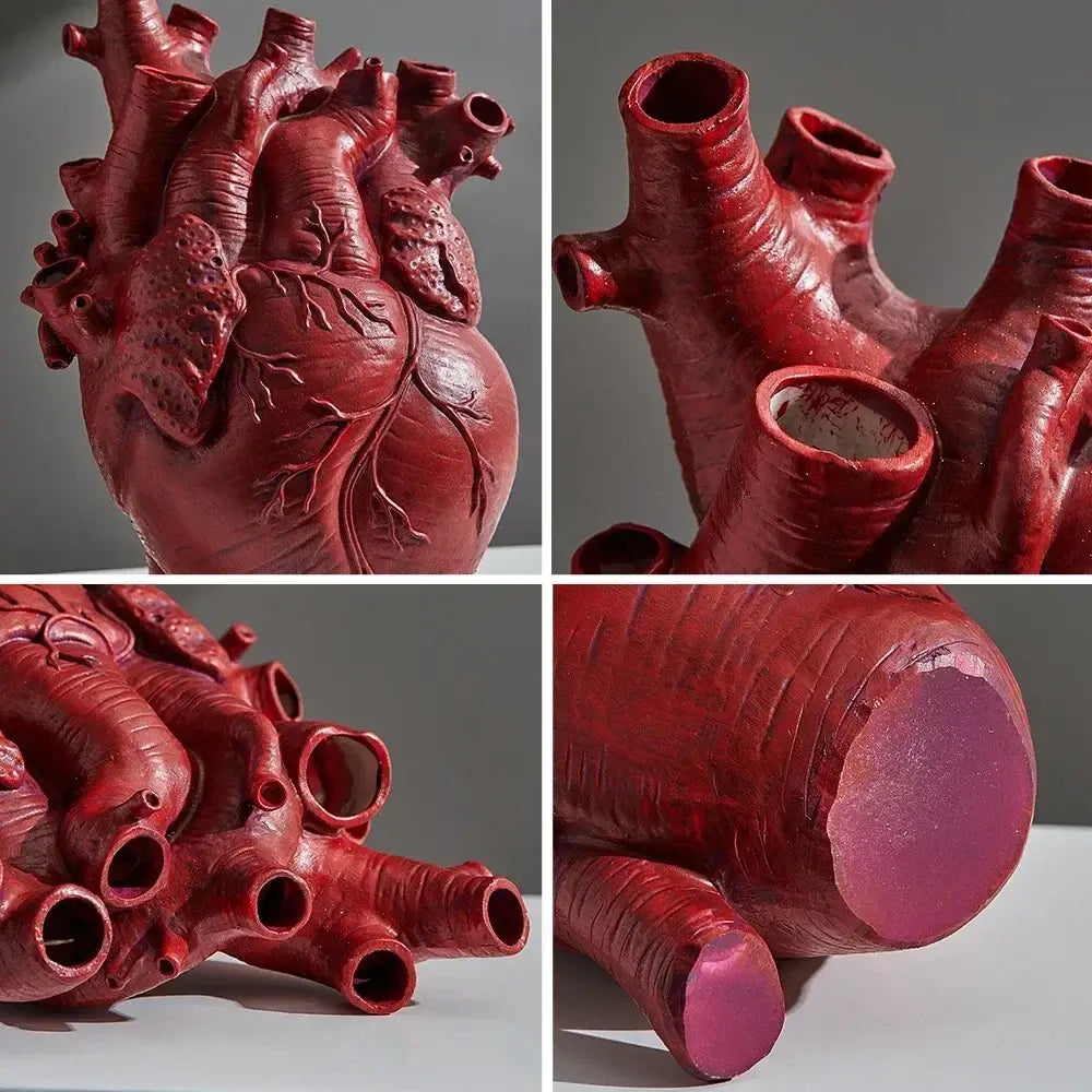 DecorBites™ anatomy heart vase glossy red ceramic dry pot with anatomically accurate ridges and hollowed arteries